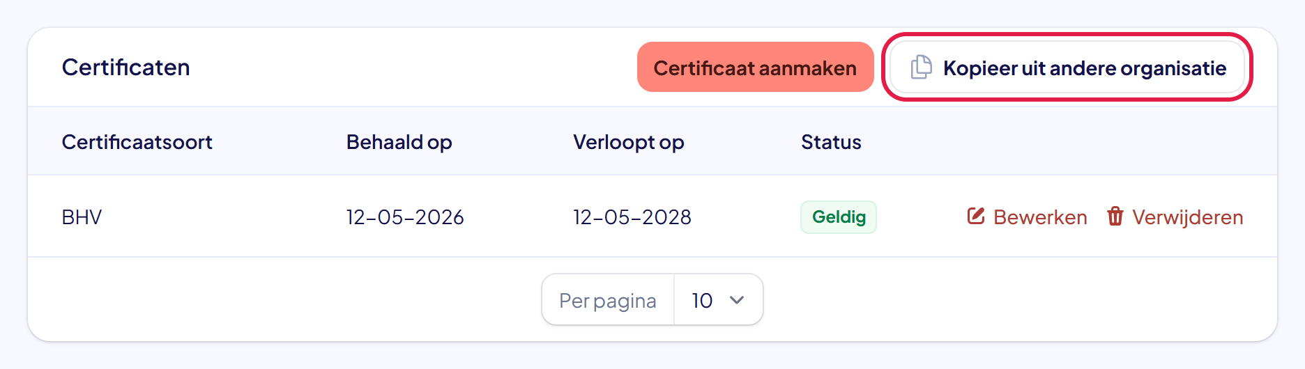 De kaart Certificaten op de eigen ledenpagina van een beheerder met de knop Kopieer uit andere organisatie gemarkeerd