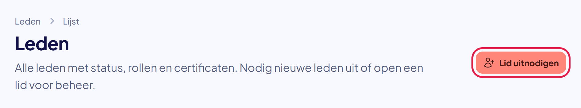 De pagina Leden met rechtsboven de knop Lid uitnodigen