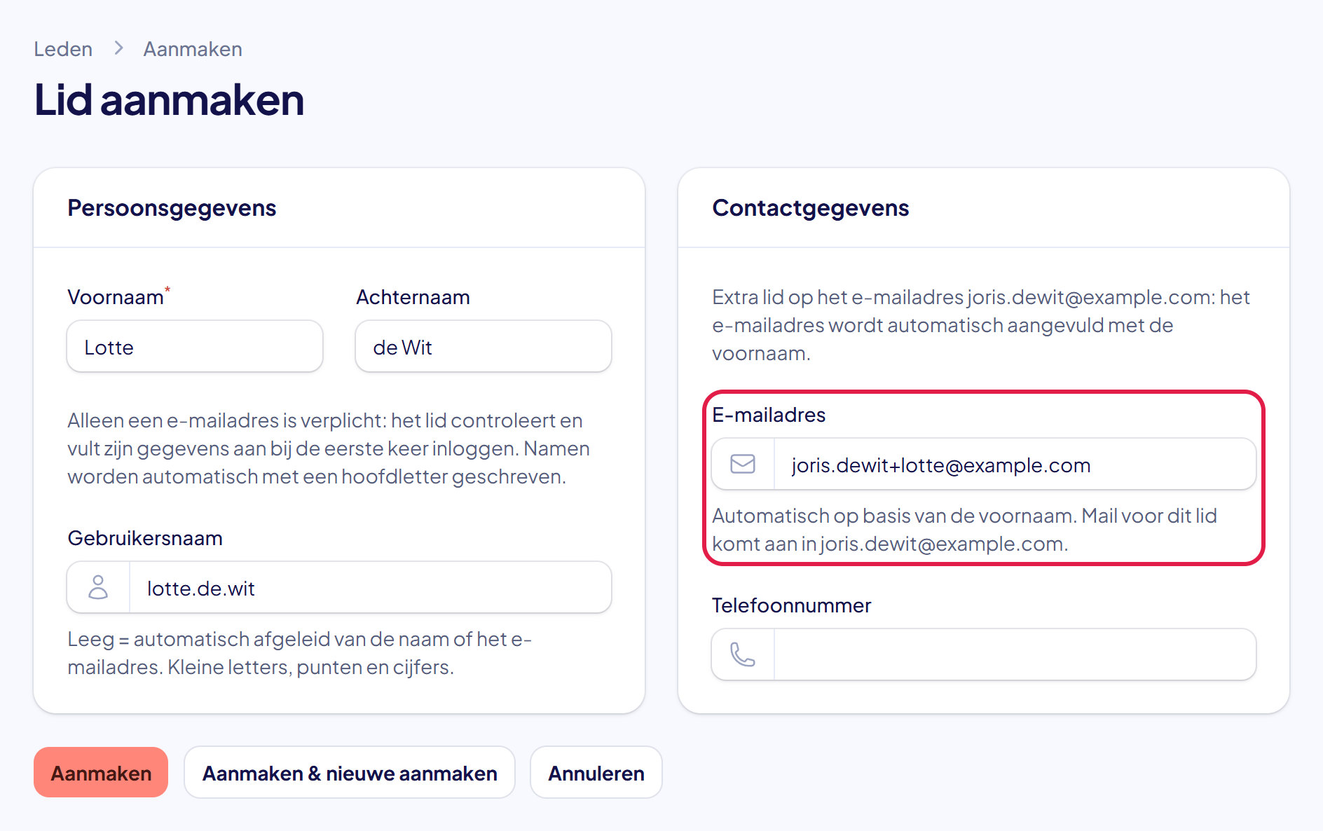 Het formulier Lid aanmaken met de voornaam Lotte en het automatisch aangevulde e-mailadres joris.dewit+lotte@example.com
