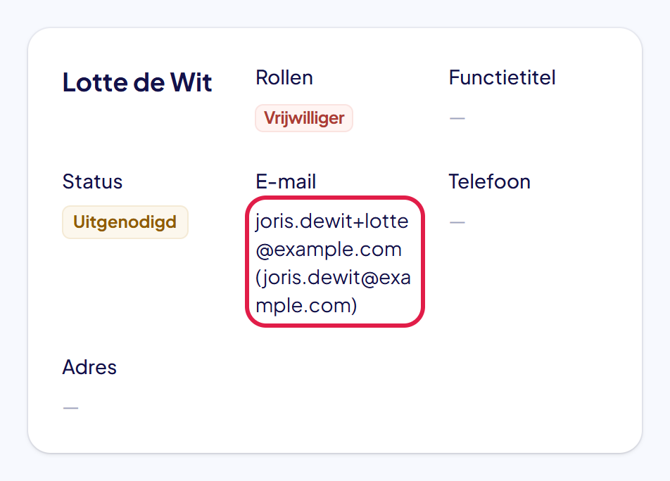 De gegevens van het nieuwe lid met het e-mailadres joris.dewit+lotte@example.com en tussen haakjes joris.dewit@example.com