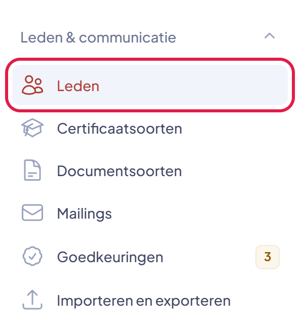 Het menu van EHBO Software met het onderdeel Leden gemarkeerd