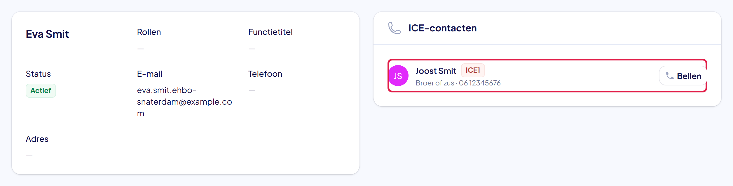 De pagina van Eva Smit met het vak ICE-contacten: ICE1 Joost Smit, broer of zus, met de knop Bellen
