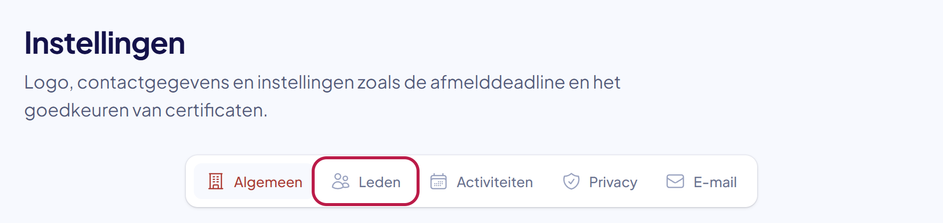 De pagina Instellingen met het tabblad Leden gemarkeerd
