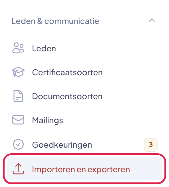 Het menu van EHBO Software met het onderdeel Importeren en exporteren gemarkeerd