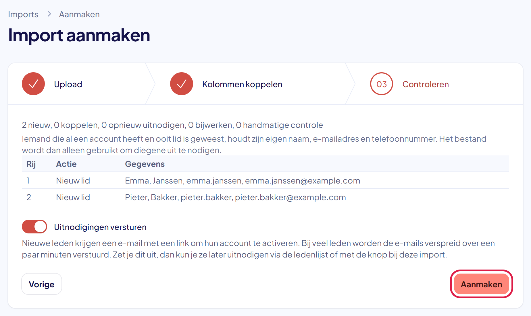 De stap Controleren met de aantallen, per rij de actie Nieuw lid, de schakelaar Uitnodigingen versturen en de knop Aanmaken gemarkeerd