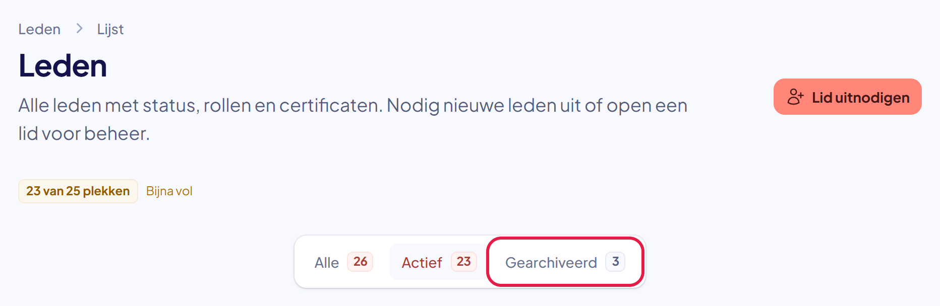 De pagina Leden met het tabblad Gearchiveerd gemarkeerd