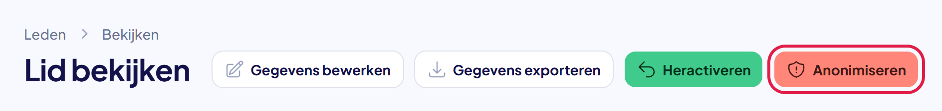 De pagina van een gearchiveerd lid met rechtsboven de knop Anonimiseren gemarkeerd