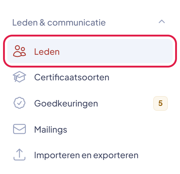 Het menu van EHBO Software met het onderdeel Leden gemarkeerd