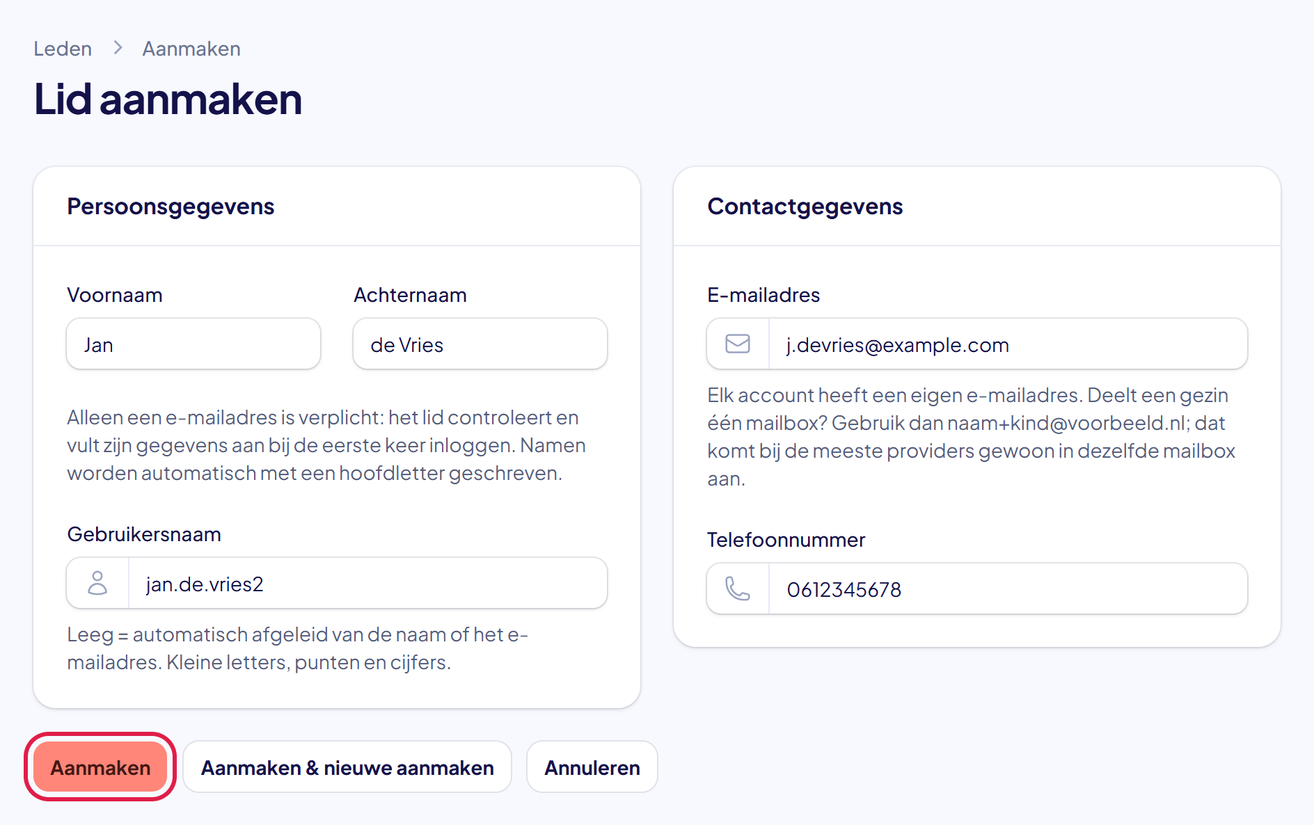 Het formulier Lid aanmaken met voornaam, achternaam, e-mailadres en de knop Aanmaken