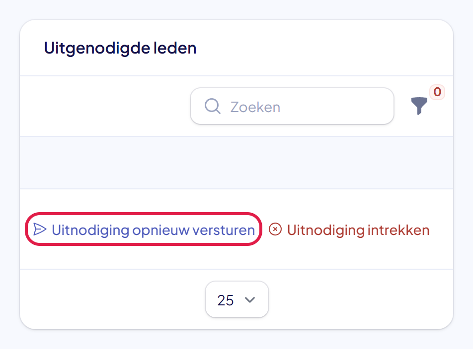 De lijst Uitgenodigde leden naar rechts geschoven, met de knoppen Uitnodiging opnieuw versturen en Uitnodiging intrekken