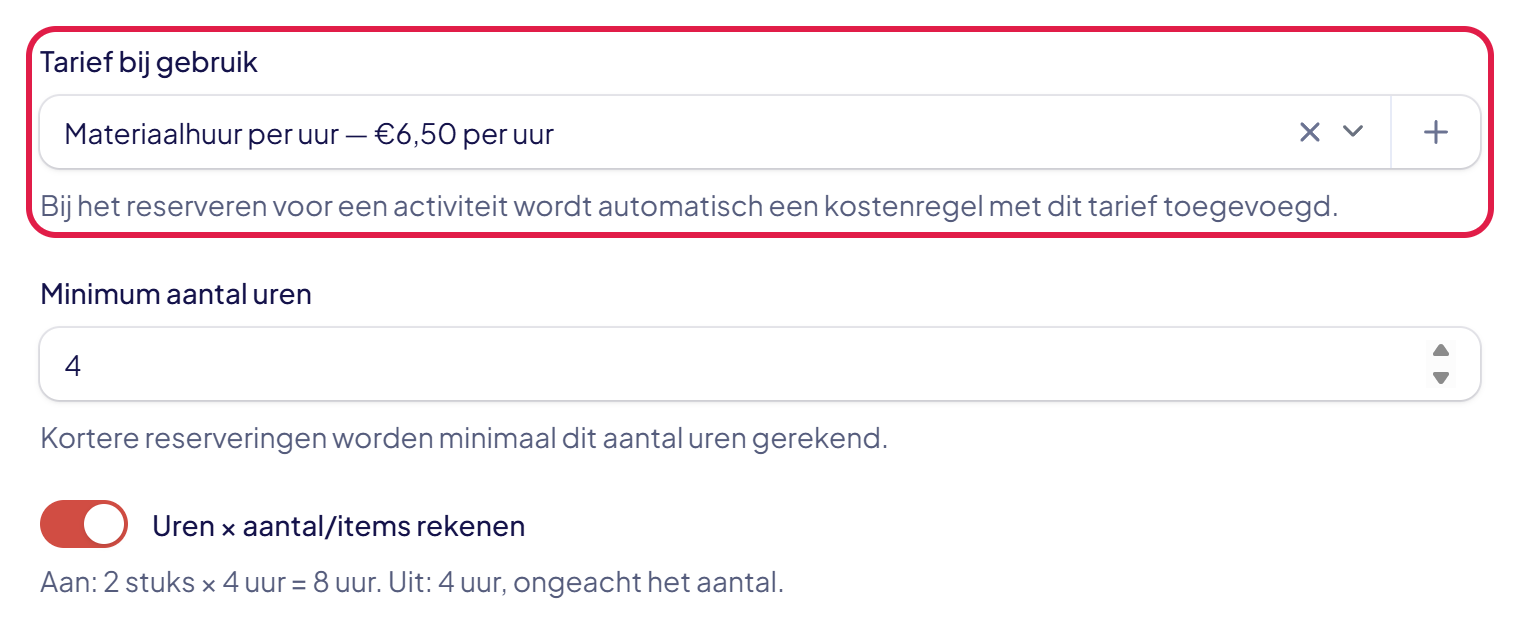 Het venster Gegevens bewerken met het tarief Materiaalhuur per uur gekozen, minimum 4 uur en het schuifje Uren × aantal/items rekenen aan