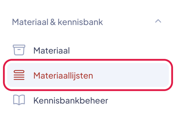 Het menu van EHBO Software met het onderdeel Materiaallijsten gemarkeerd