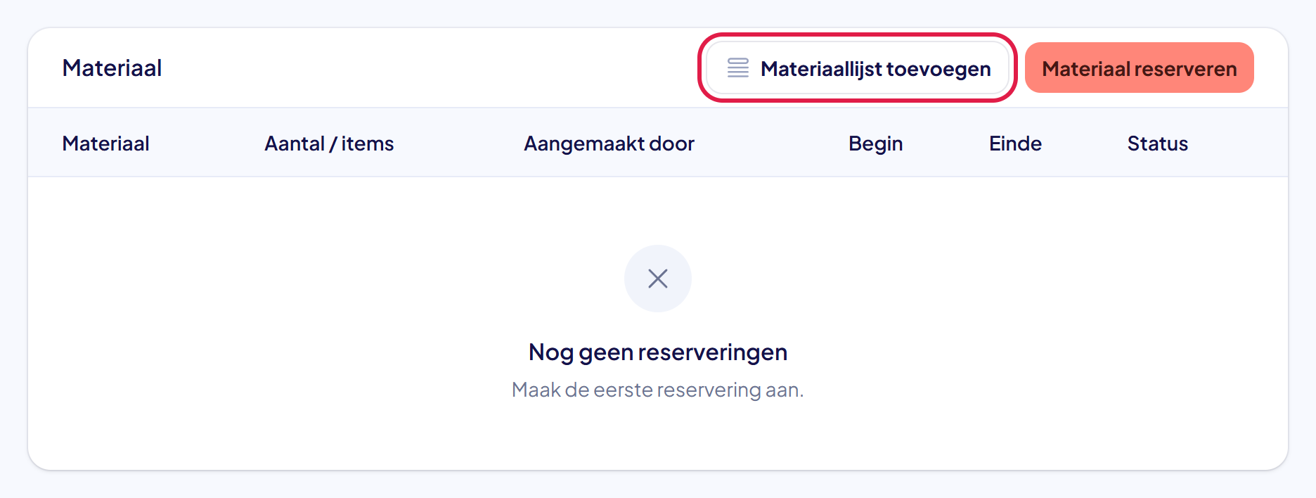 Het tabblad Materiaal van een activiteit met de knop Materiaallijst toevoegen gemarkeerd