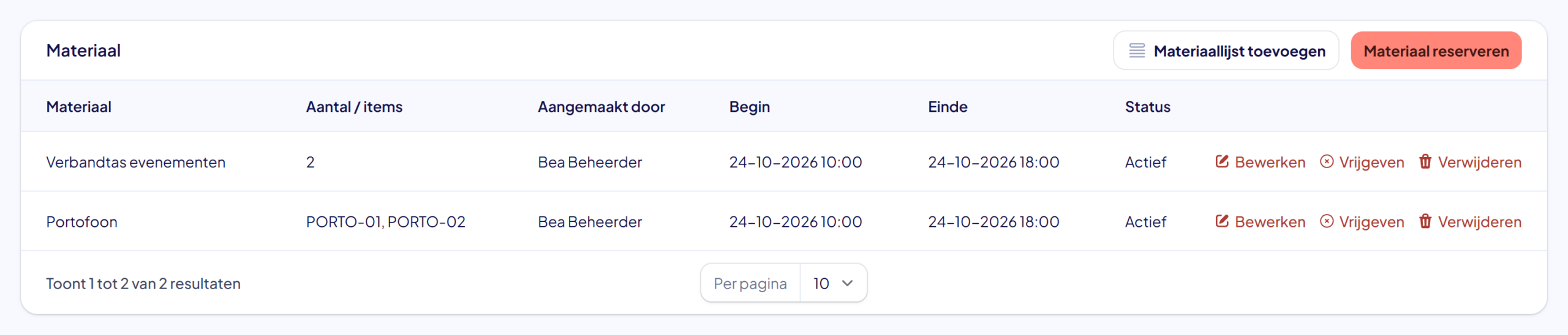 Het tabblad Materiaal met twee reserveringen: 2 keer Verbandtas evenementen en de portofoons PORTO-01 en PORTO-02