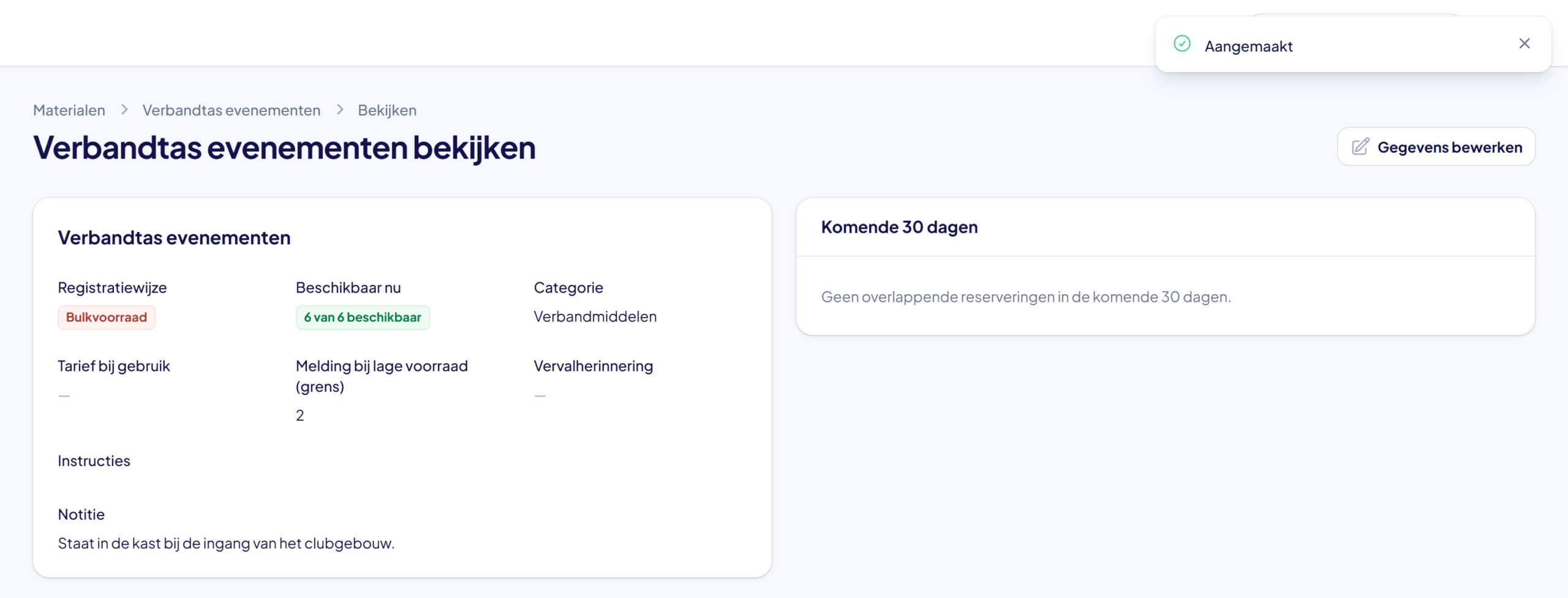 De pagina van het nieuwe materiaal Verbandtas evenementen met de melding Aangemaakt