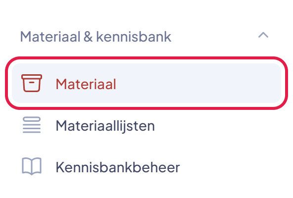 Het menu van EHBO Software met het onderdeel Materiaal gemarkeerd