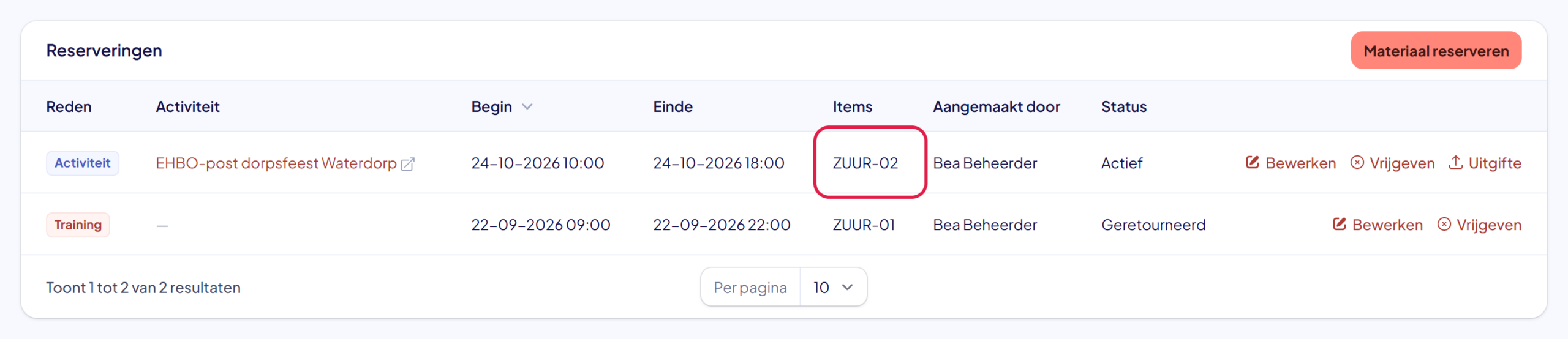 Het tabblad Reserveringen: de reservering voor het dorpsfeest heeft nu item ZUUR-02, de oefenavond is geretourneerd