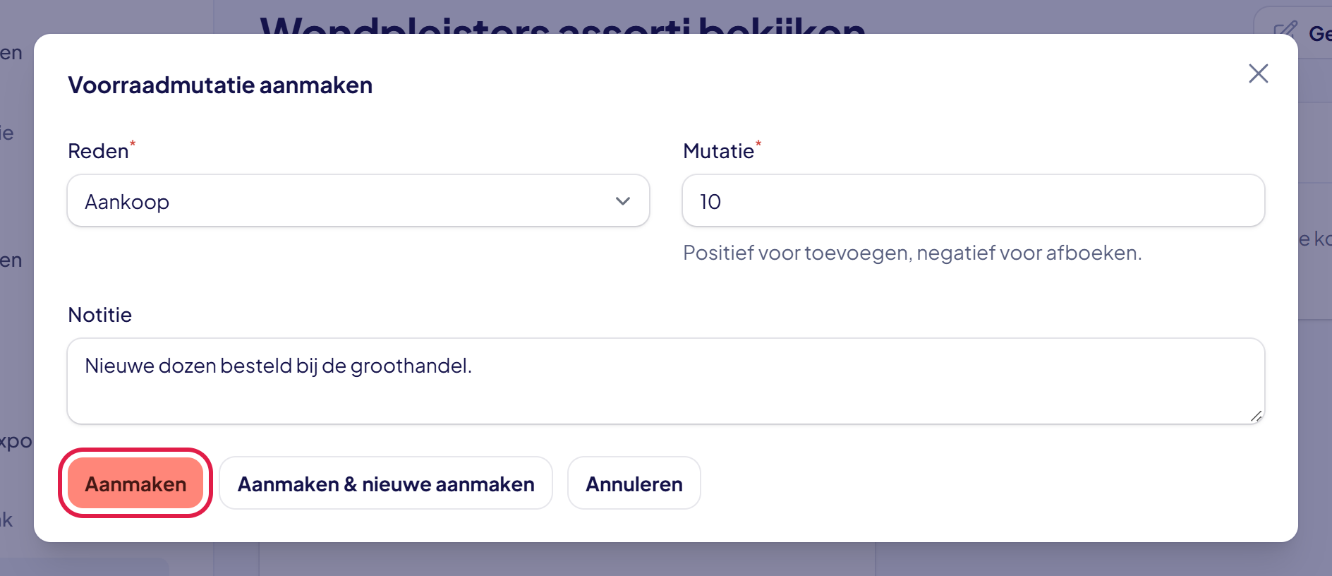 Het venster Voorraadmutatie aanmaken met de reden Aankoop, de mutatie 10 en een notitie