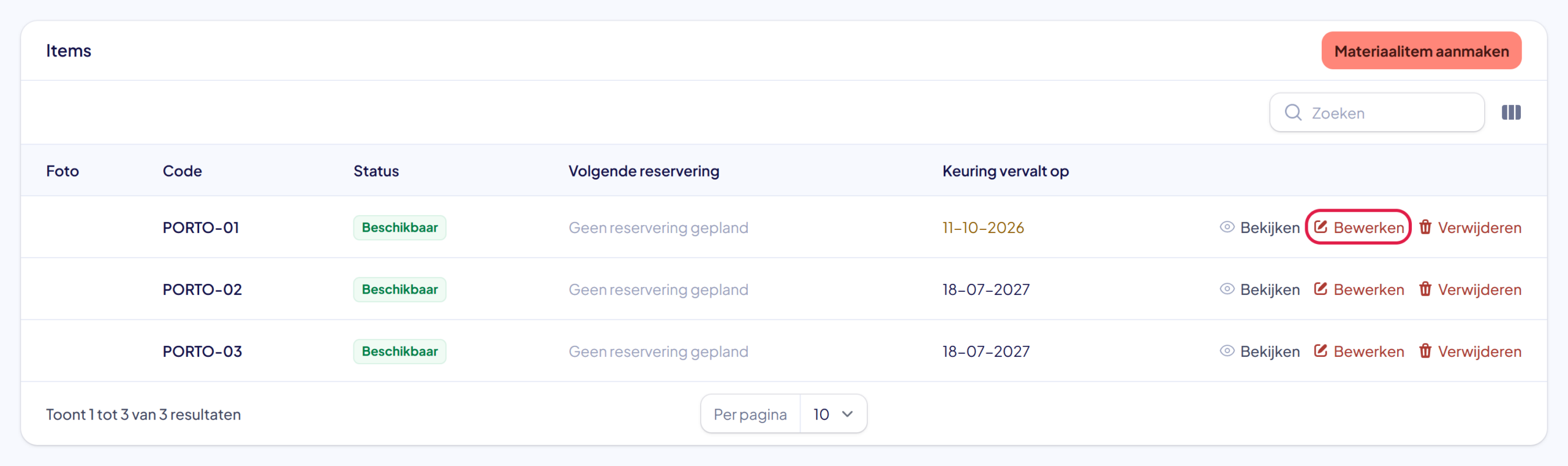 Het tabblad Items van het materiaal Portofoon; bij PORTO-01 is de keuringsdatum gekleurd en de knop Bewerken gemarkeerd