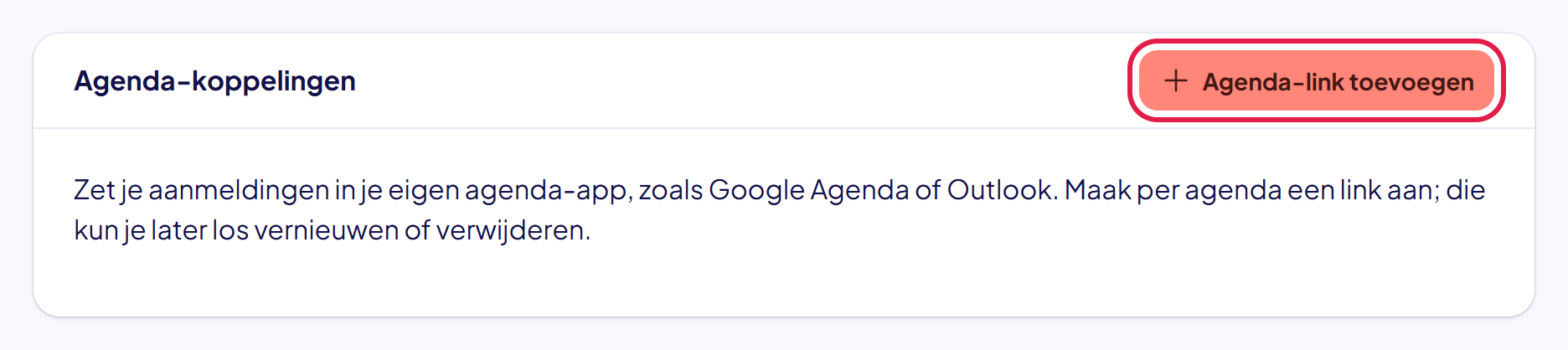 Het blok Agenda-koppelingen op de pagina Mijn profiel met de knop Agenda-link toevoegen gemarkeerd