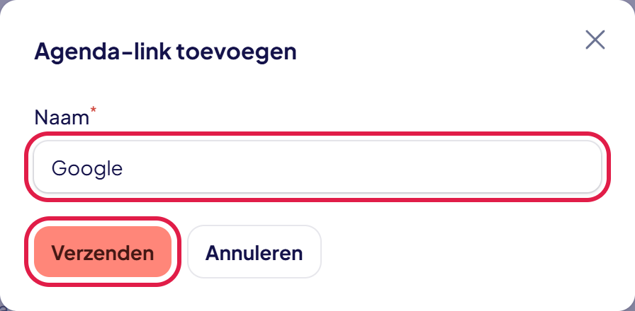 Het venster Agenda-link toevoegen met bij Naam het woord Google en de knop Verzenden gemarkeerd
