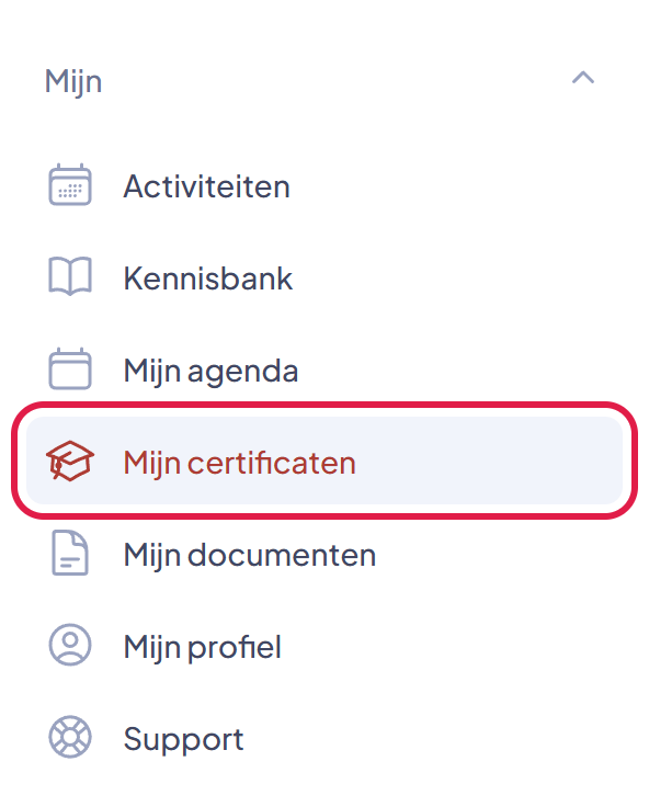 Het menu Mijn met het onderdeel Mijn certificaten gemarkeerd