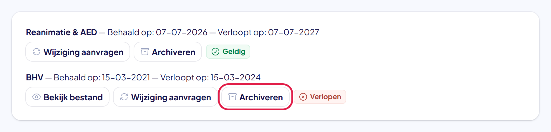 De lijst Mijn certificaten met bij het verlopen BHV-certificaat de knop Archiveren gemarkeerd