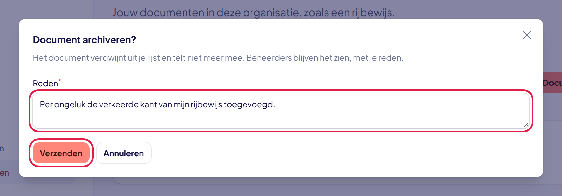 Het venster Document archiveren met een ingevulde reden en de knop Verzenden gemarkeerd