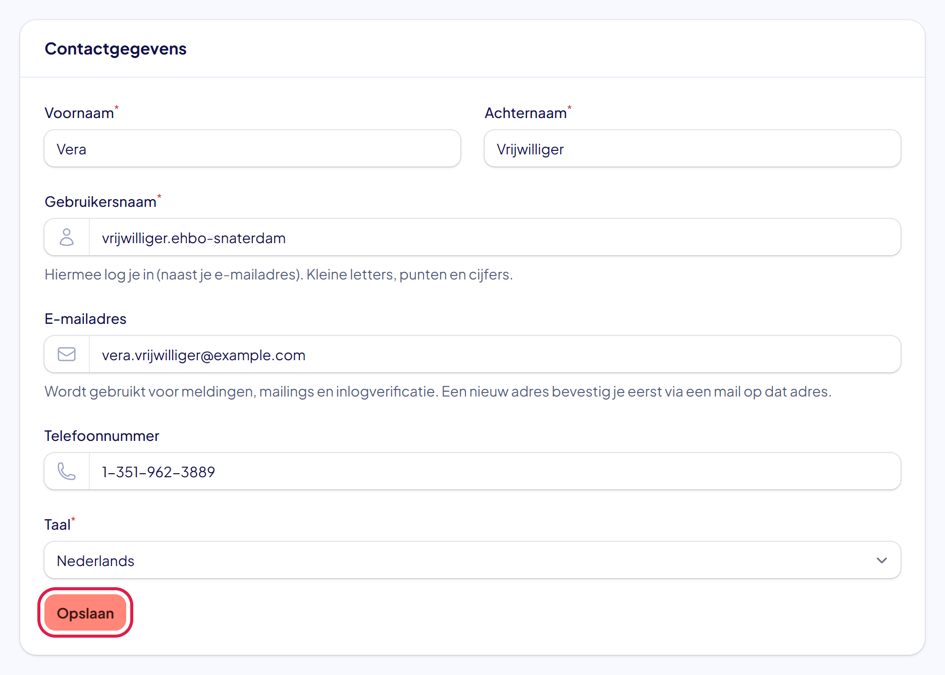 Het blok Contactgegevens met een nieuw e-mailadres ingevuld en de knop Opslaan gemarkeerd