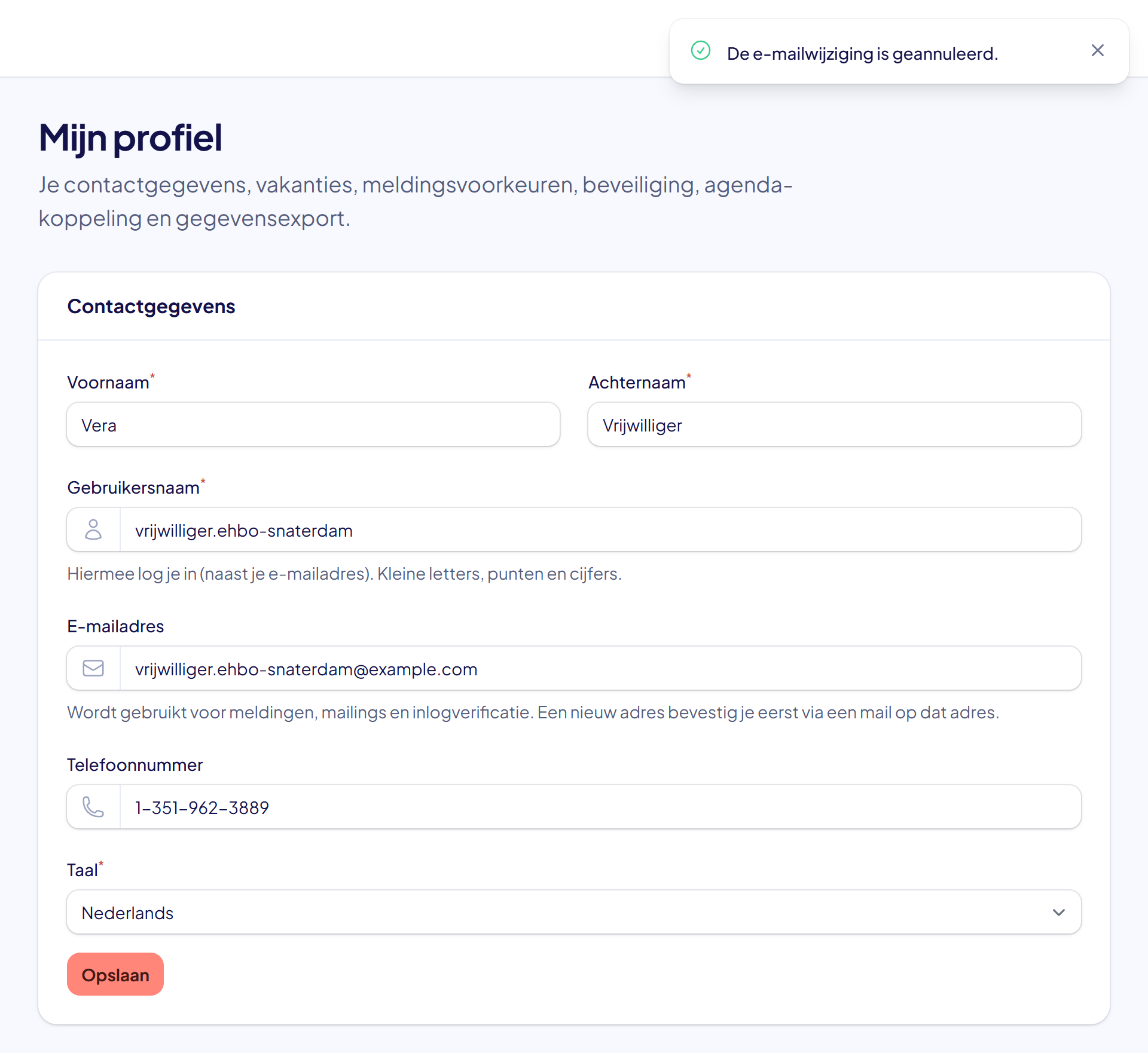 De pagina Mijn profiel met de melding De e-mailwijziging is geannuleerd en weer het oude e-mailadres