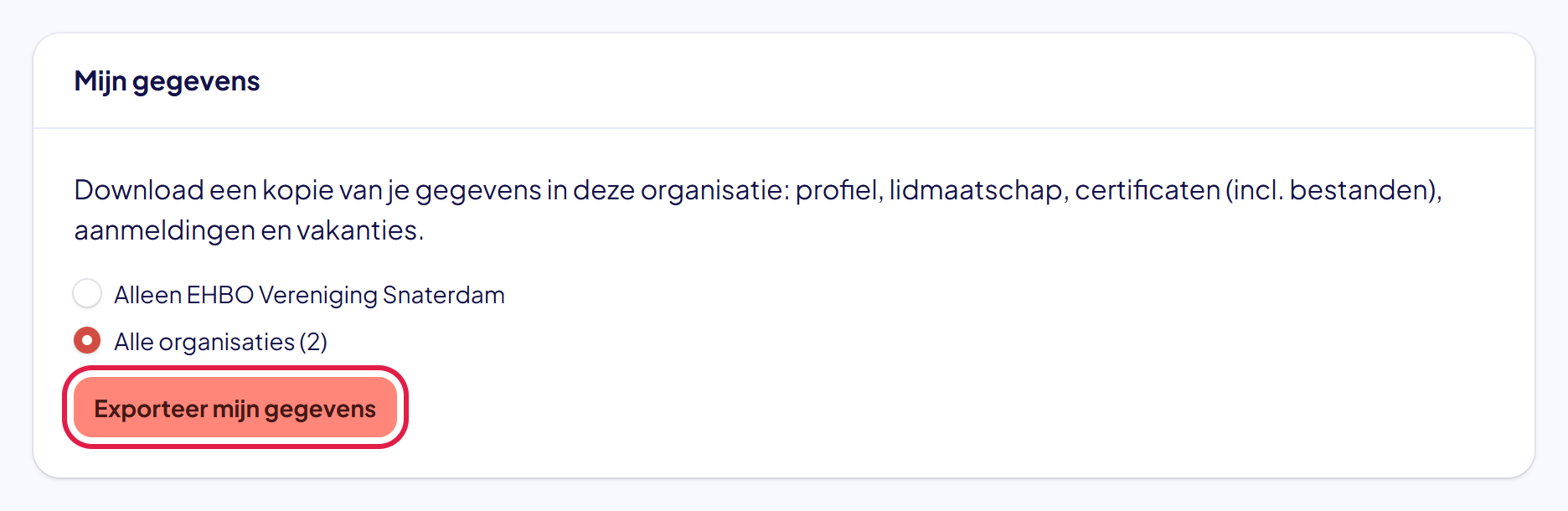Het blok Mijn gegevens onderaan de pagina Mijn profiel met de knop Exporteer mijn gegevens gemarkeerd