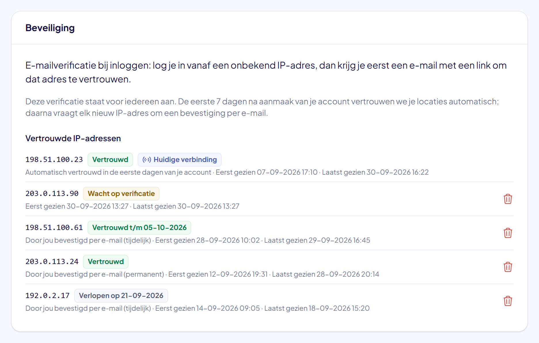 Het blok Beveiliging met onder Vertrouwde IP-adressen vijf IP-adressen, elk met een status en de datums eerst en laatst gezien
