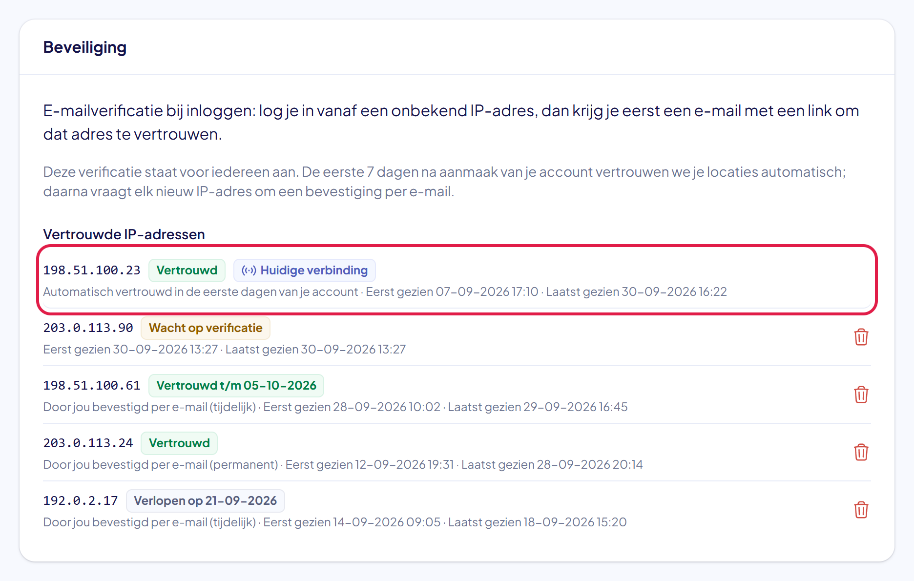 De bovenste regel van de lijst gemarkeerd: een IP-adres met de labels Vertrouwd en Huidige verbinding