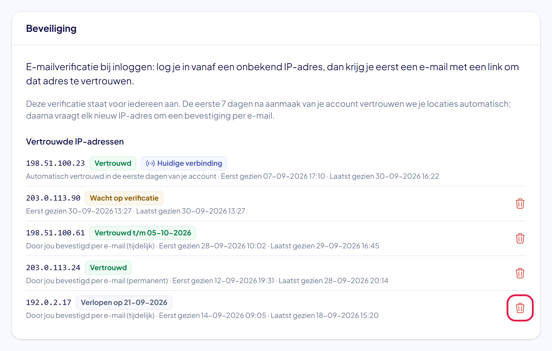 De lijst met bij het IP-adres met de status Verlopen op 21-09-2026 de rode prullenbak gemarkeerd
