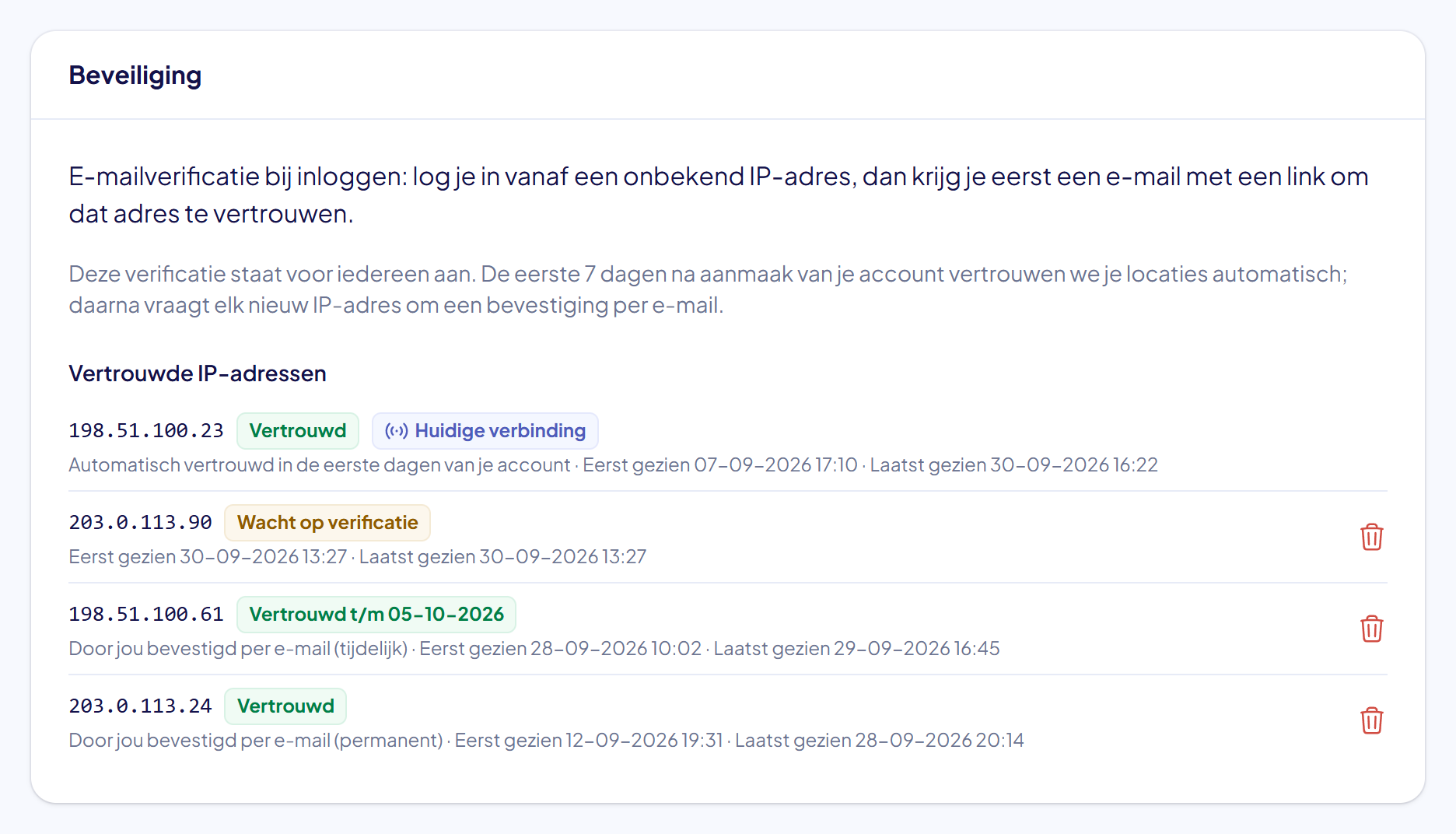 Het blok Beveiliging met nog vier IP-adressen: het verlopen adres is uit de lijst