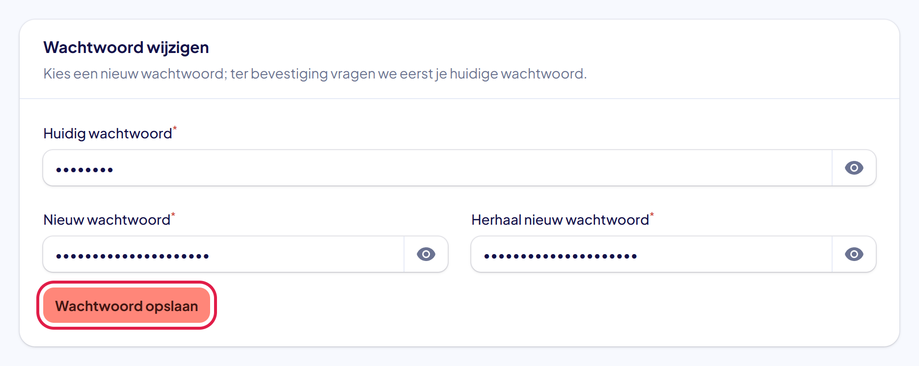 Het blok Wachtwoord wijzigen met drie ingevulde vakken en de knop Wachtwoord opslaan gemarkeerd