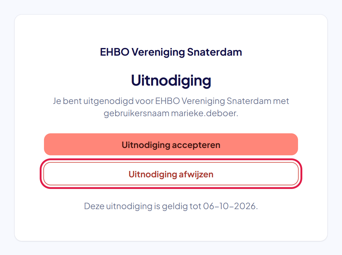 De pagina Uitnodiging van EHBO Vereniging Snaterdam met de knop Uitnodiging afwijzen gemarkeerd