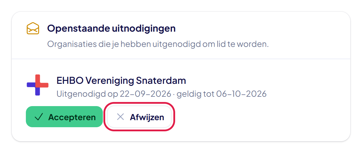 Het blok Openstaande uitnodigingen met de uitnodiging van EHBO Vereniging Snaterdam en de knop Afwijzen gemarkeerd