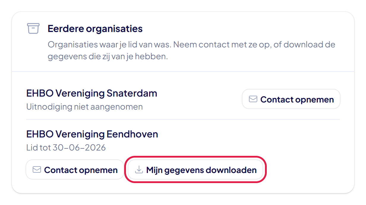 Het blok Eerdere organisaties met Snaterdam (Uitnodiging niet aangenomen) en Eendhoven (Lid tot 30-06-2026), met de knop Mijn gegevens downloaden gemarkeerd
