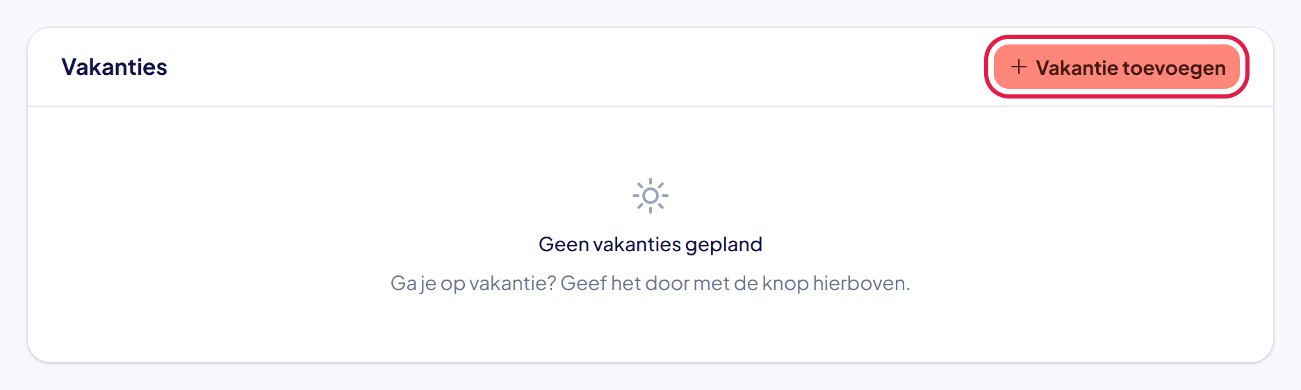 Het blok Vakanties op de pagina Mijn profiel met de knop Vakantie toevoegen gemarkeerd