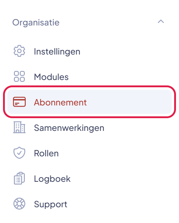 Het menu Organisatie met het onderdeel Abonnement gemarkeerd