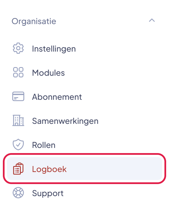 Het menu Organisatie met het onderdeel Logboek gemarkeerd