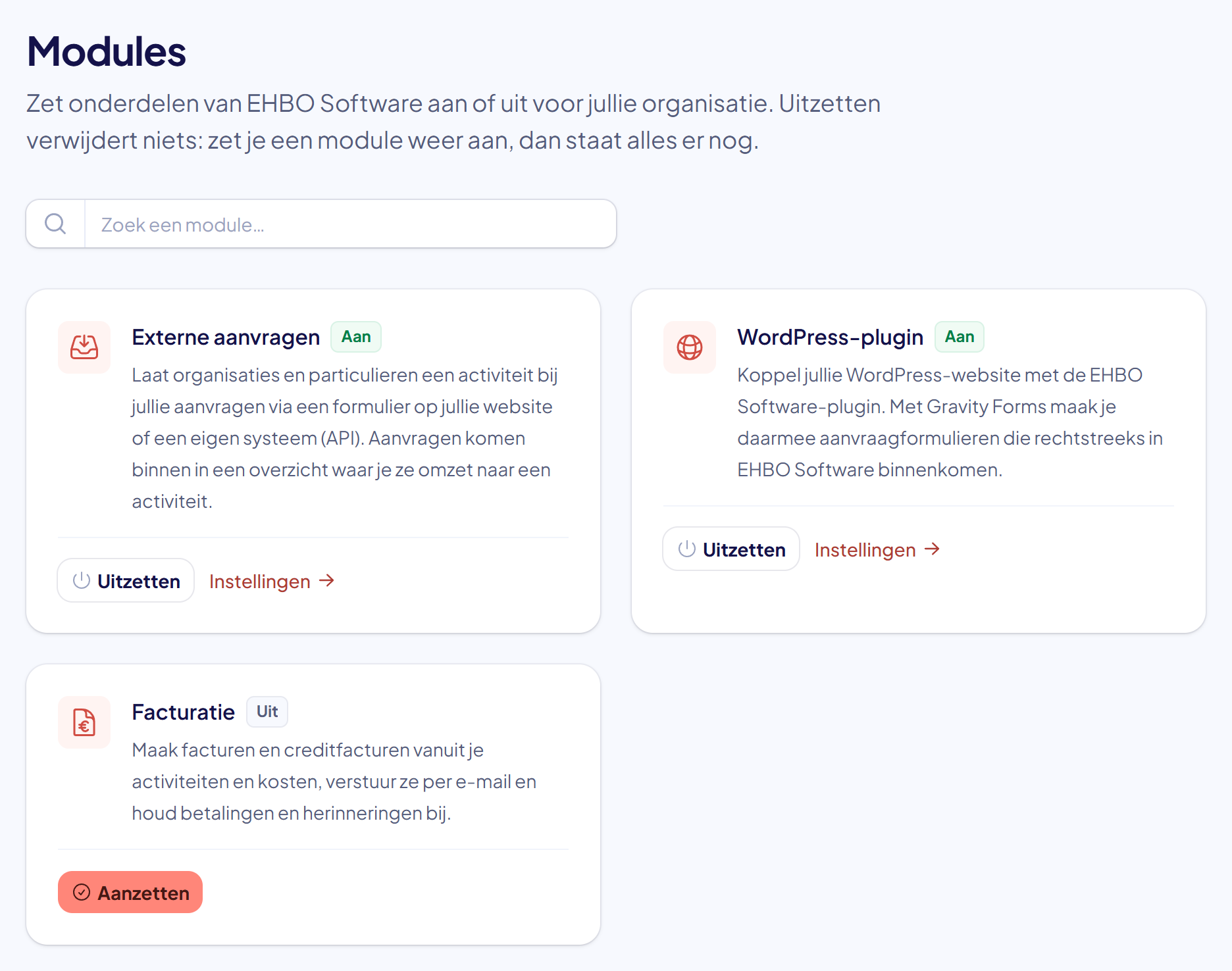 De pagina Modules met de kaarten Externe aanvragen (Aan), WordPress-plugin (Aan) en Facturatie (Uit)