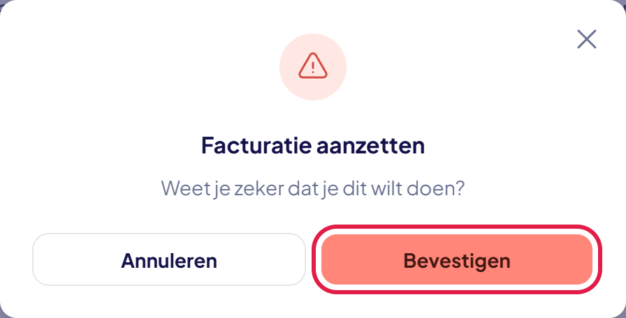 Het venster Facturatie aanzetten met de knop Bevestigen gemarkeerd