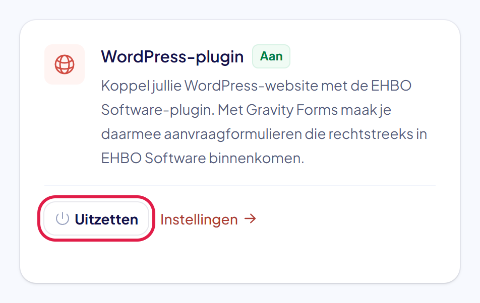 De kaart van de module WordPress-plugin met de knop Uitzetten gemarkeerd