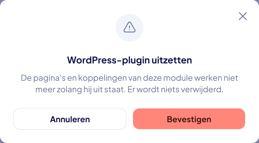 Het venster WordPress-plugin uitzetten met de waarschuwing en de knoppen Annuleren en Bevestigen