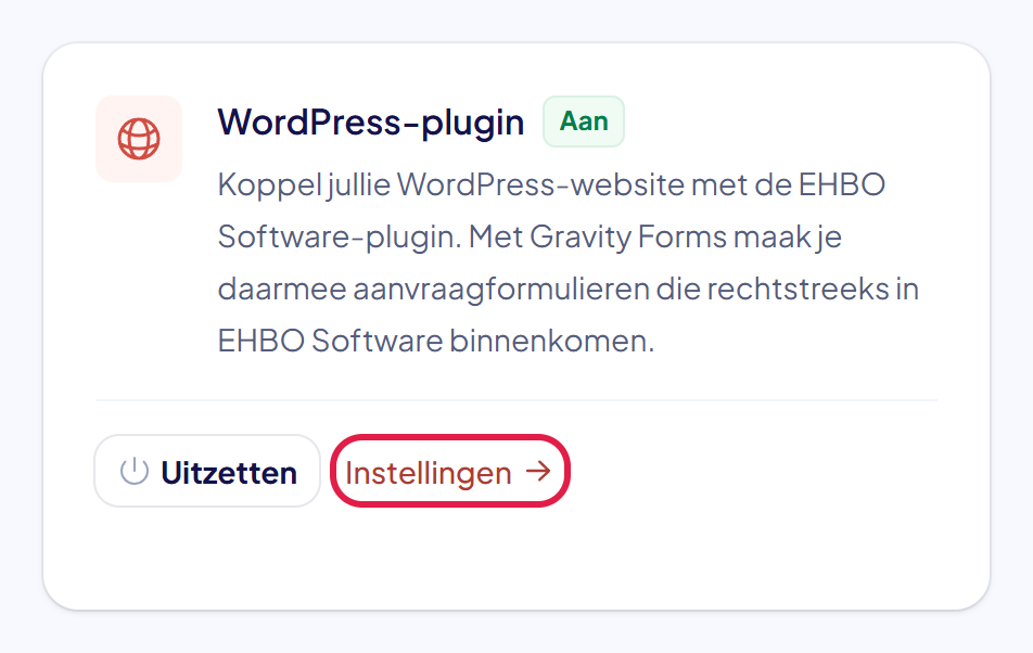 De kaart van de module WordPress-plugin met de link Instellingen gemarkeerd