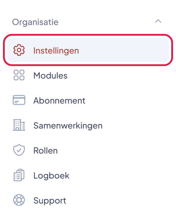 Het menu van EHBO Software met onder Organisatie het onderdeel Instellingen gemarkeerd