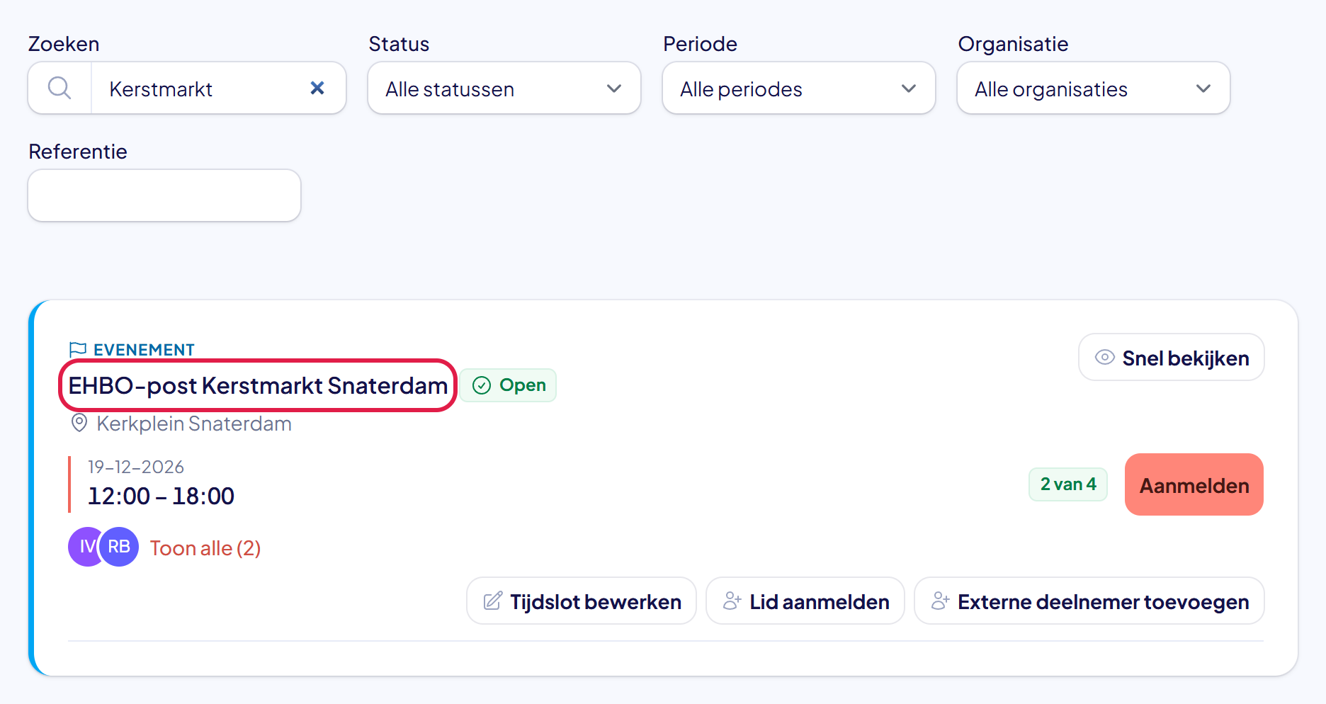 De pagina Activiteiten met een zoekwoord ingevuld en de naam van de gevonden activiteit gemarkeerd