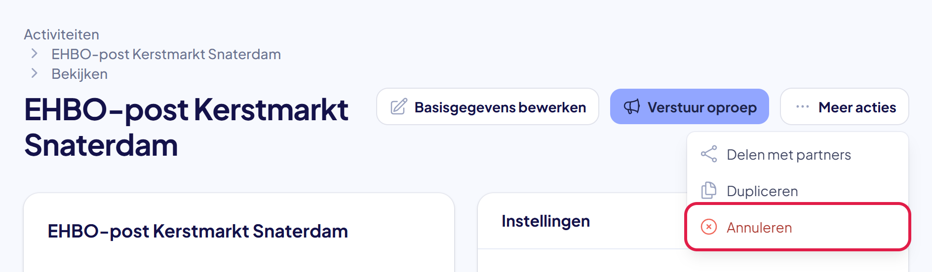 Het uitgeklapte menu Meer acties met de keuze Annuleren gemarkeerd